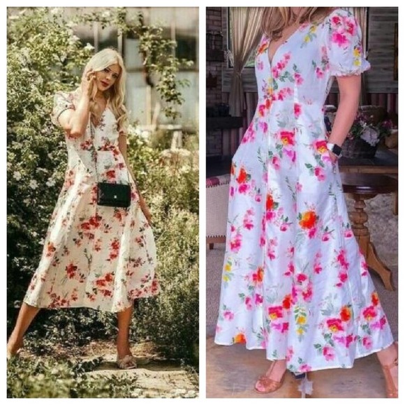 ZARA White Floral Linen Blend Midi Maxi Dress Puff Sleeve Medium - Picture 3 of 11